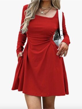 Women’s Red Long-Sleeve Ruched A-Line Dress